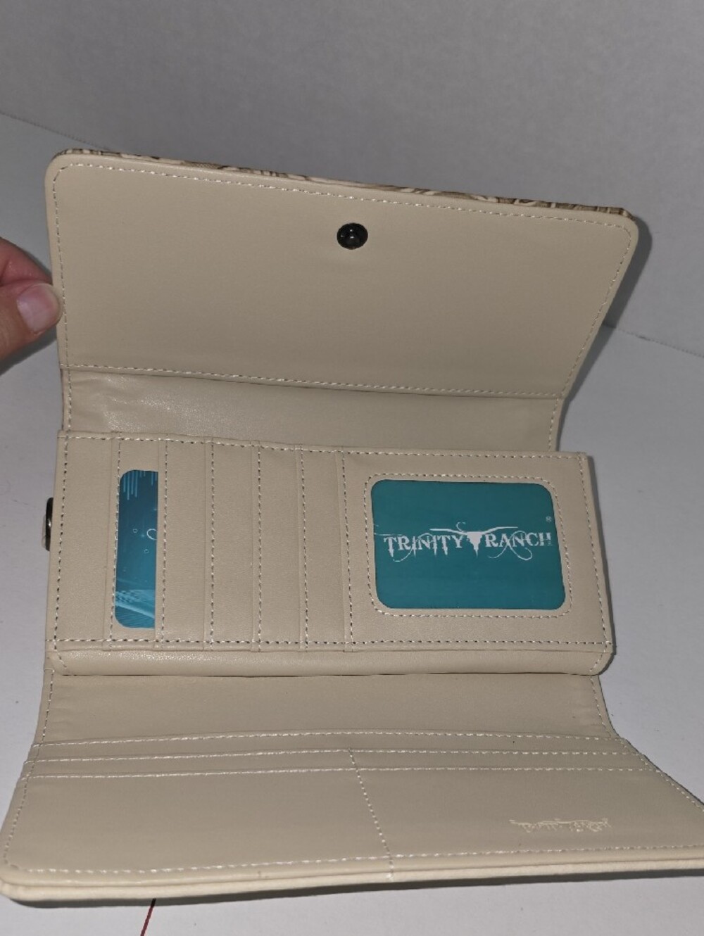 Cream and Brown Tooled Western Wallet with Turquoise Concho - Picture 6 of 10